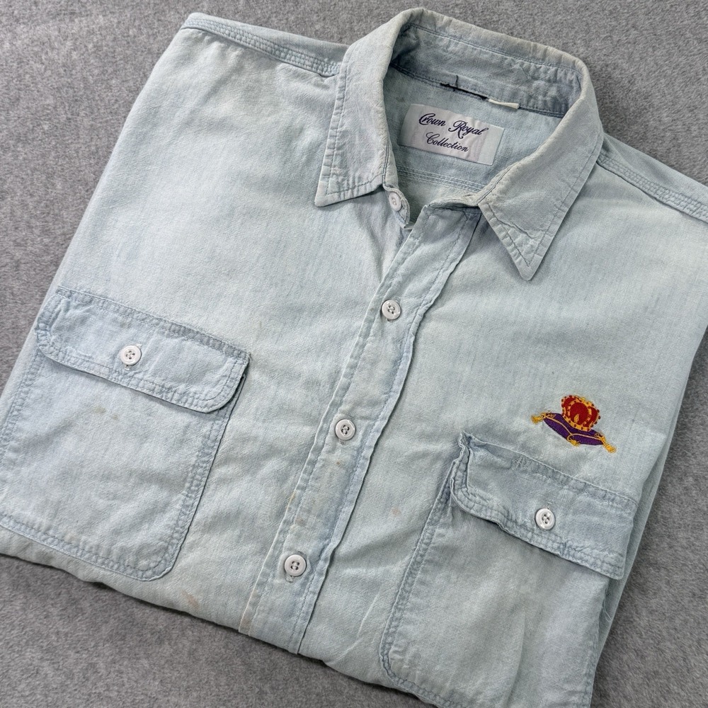 Vintage Crown Royal Denim‎ Shirt Embroidered Logo Whiskey Promo Button Up